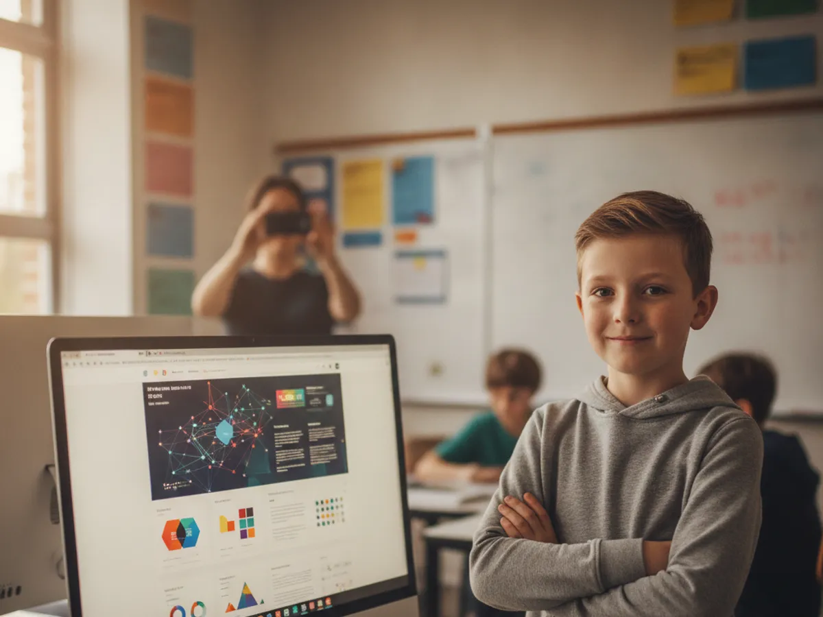 A proud 12-year-old boy standing next to a monitor showing a website he built himself