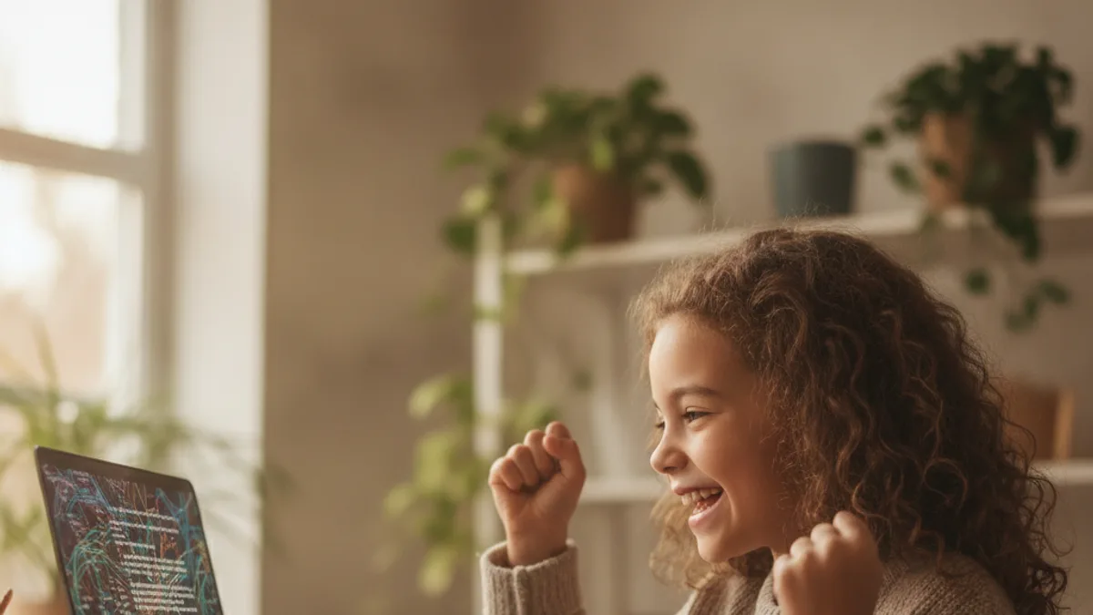 A 10-year-old girl smiling with joy while coding on her laptop at home